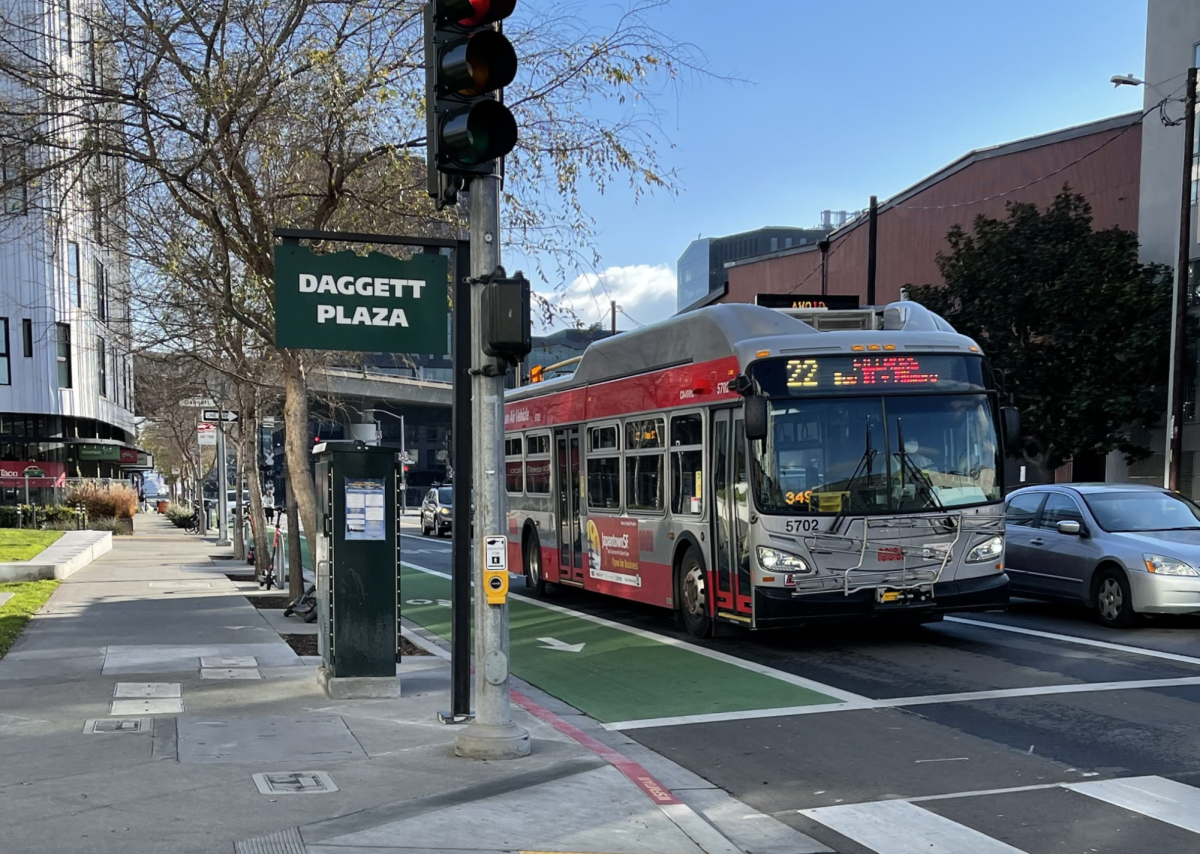 SFMTA Bus makes its way through San Francisco's Mission Bay District. 